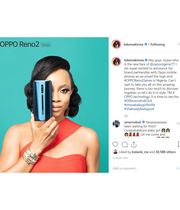 Toke Makinwa signs a brand partnership deal with a new smart phone company