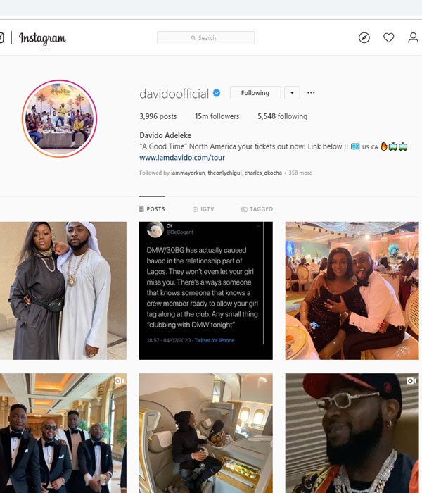 Davido tops the list of nigerian celebrities on Instagram as he hits 15million Instagram followers