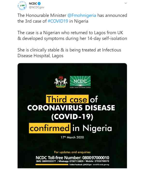 3rd case of Coronavirus confirmed in Nigeria