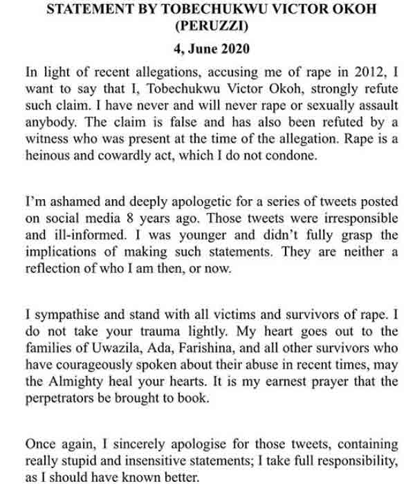 Peruzzi tenders apology over rape allegation